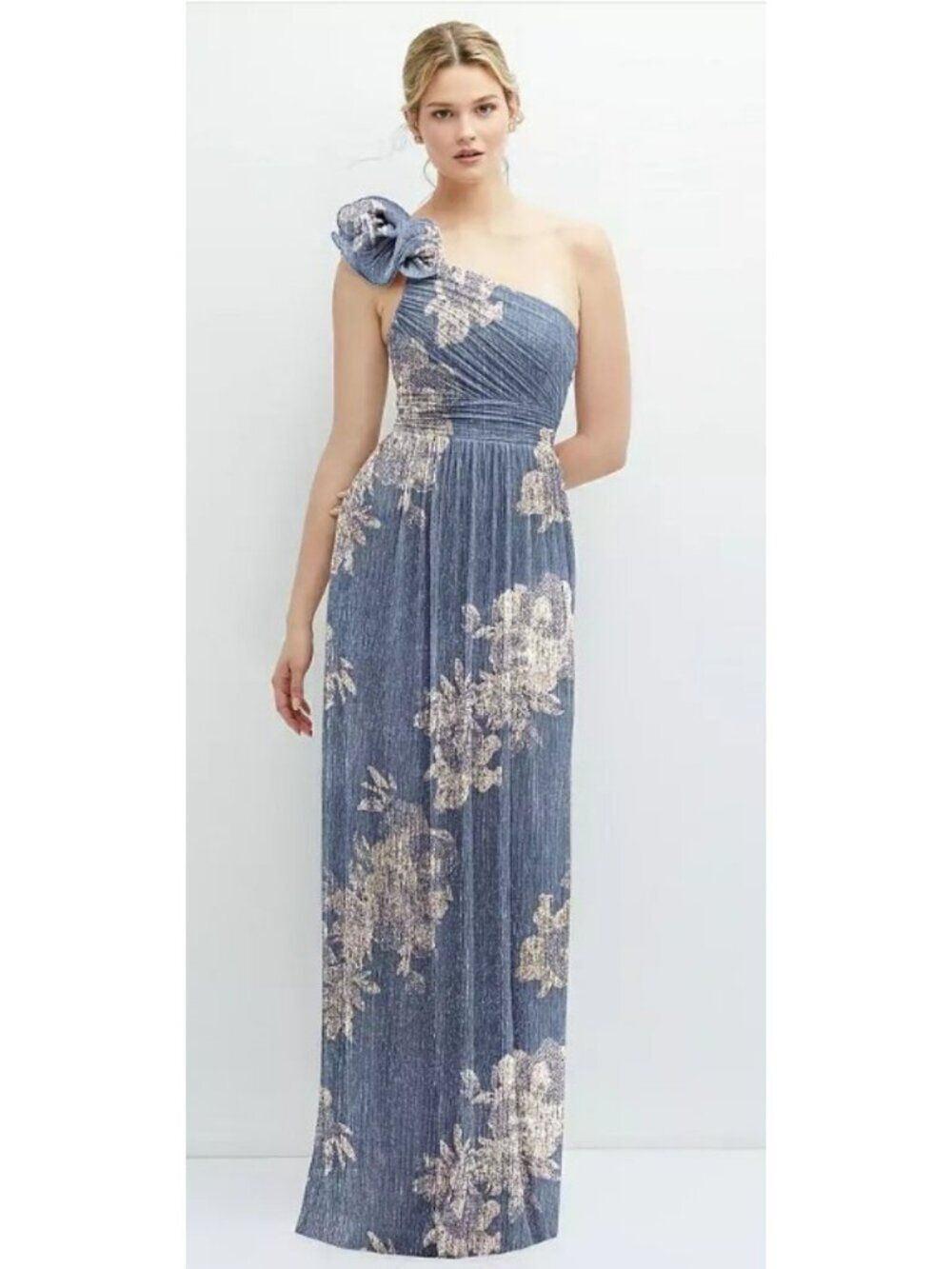 Dessy French Blue & Gold Floral One Shoulder Lightweight Shimmery Formal Dress